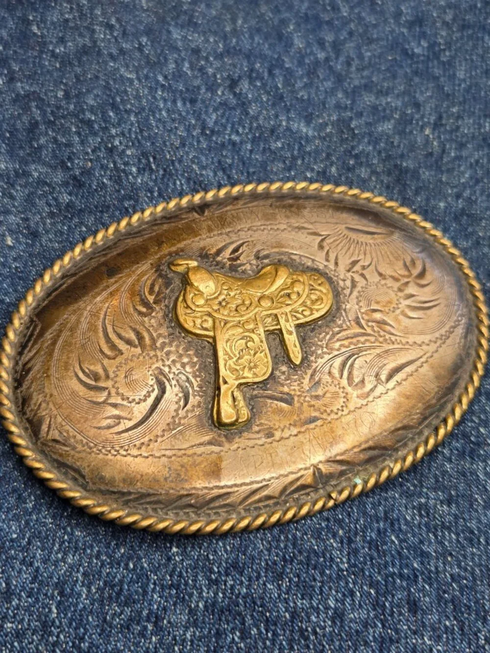 Vintage B-K Silversmith Hand Engraved Sterling Silver Front Saddle Belt Buckle